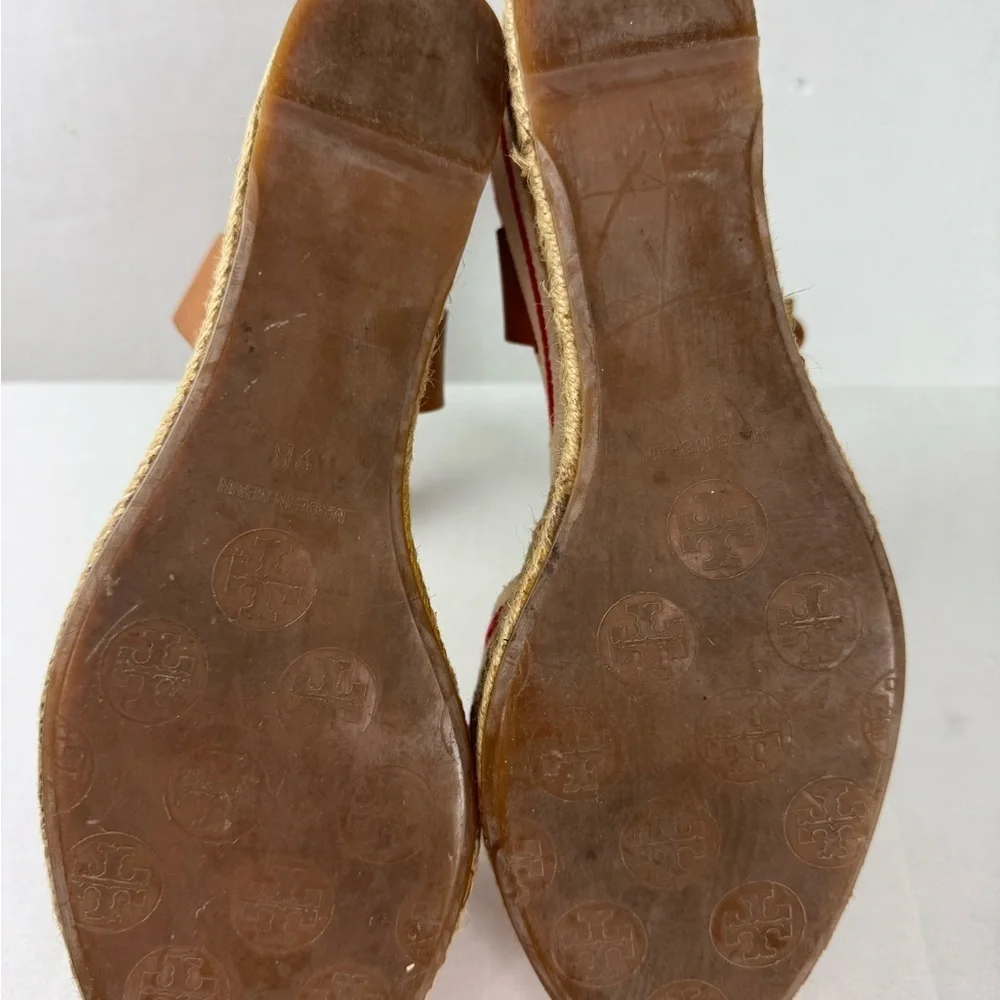 Tory Burch Red and Tan Espadrilles with Striped Design Size 9